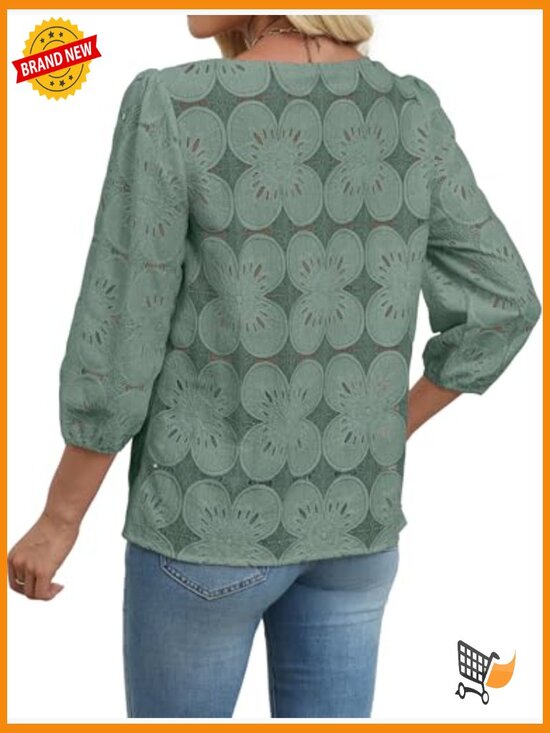 Lace Eyelet Blouse 3/4 Sleeve Bohemian Top Lightweight Summer T-Shirt - Picture 3 of 5